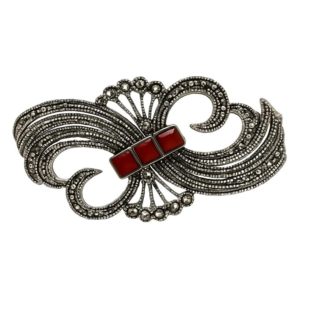 Sterling Silver Marcasite & Red Agate Fanned-Out Brooch