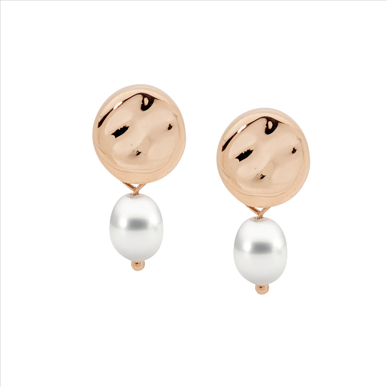 Ellani S/STEEL, R/G PLATE, WH PEARL, HAMMER STYLE CIRCLE, STUD BACK EARRINGS