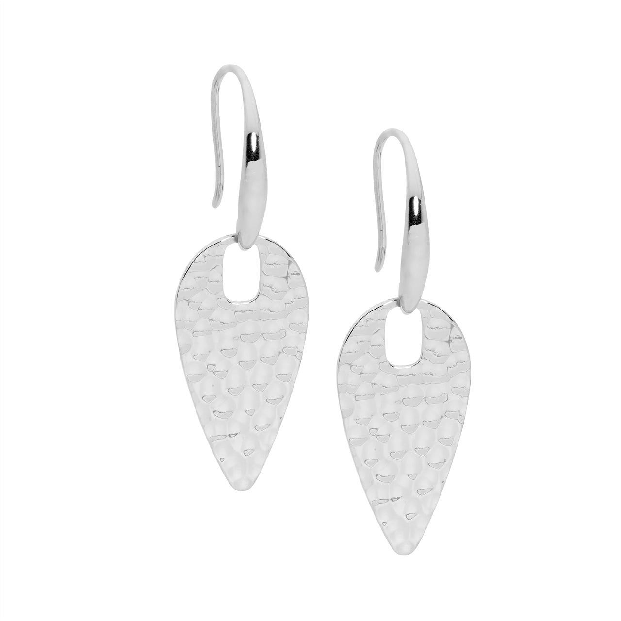 Ellani Stainless Steel Hammered Leaf Plate Shepherd Hook Earrings