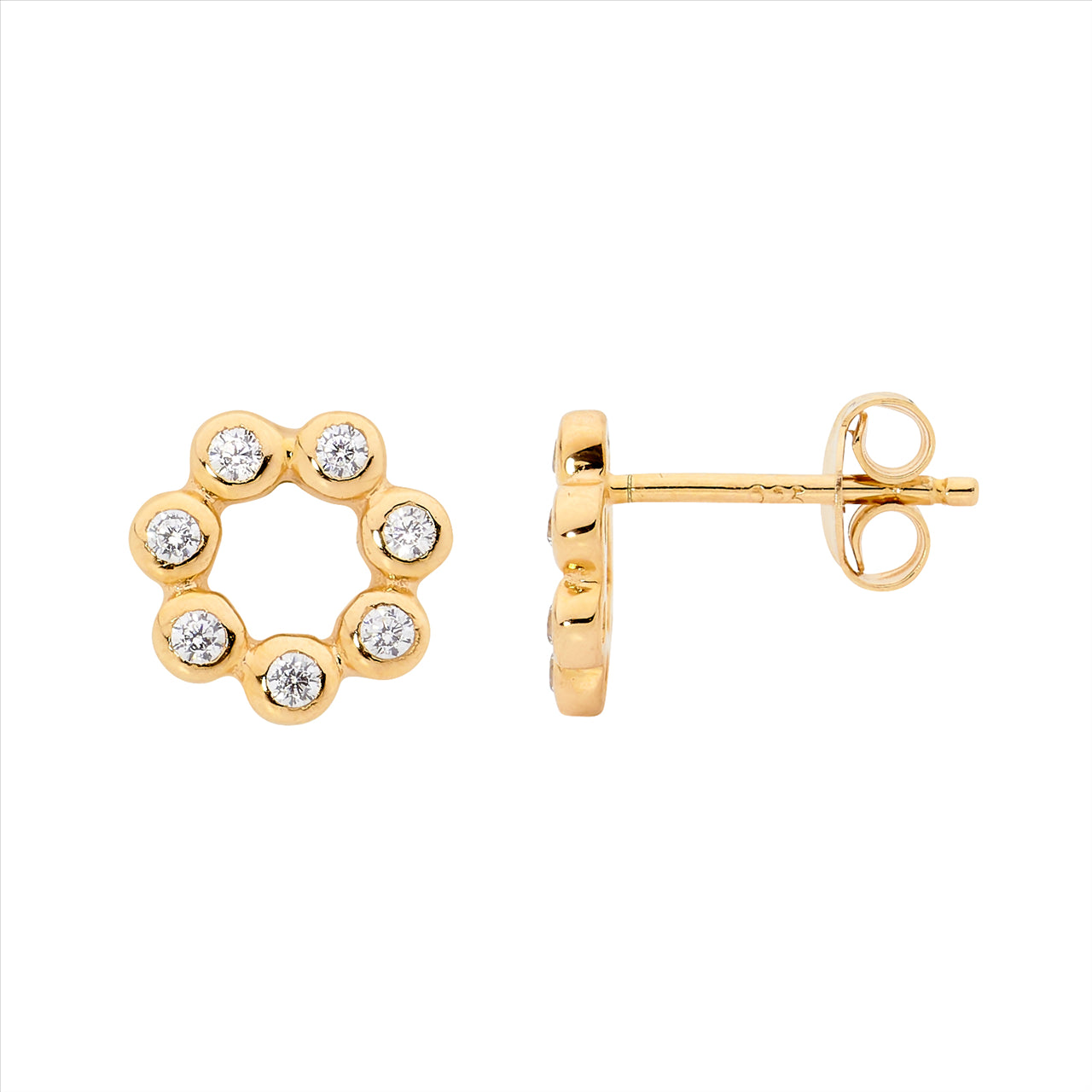 Stainless Steel White CZ Bezel Set Open Circle Stud Earrings with Gold Plating