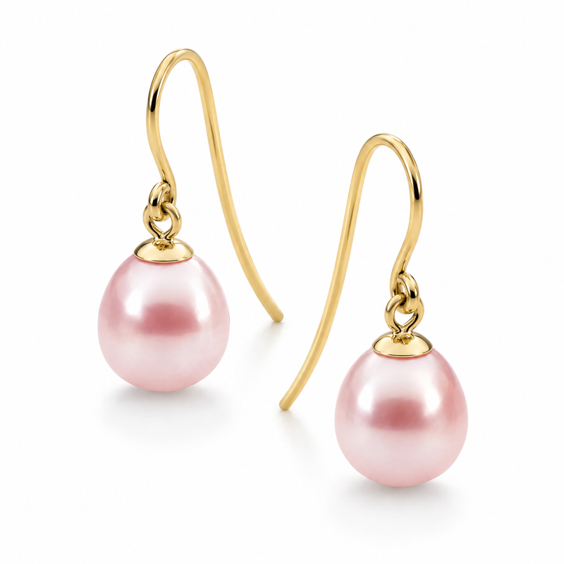 9ct Yellow Gold Pink Freshwater Pearl Shepherd Hook Earrings – 7.5-8mm