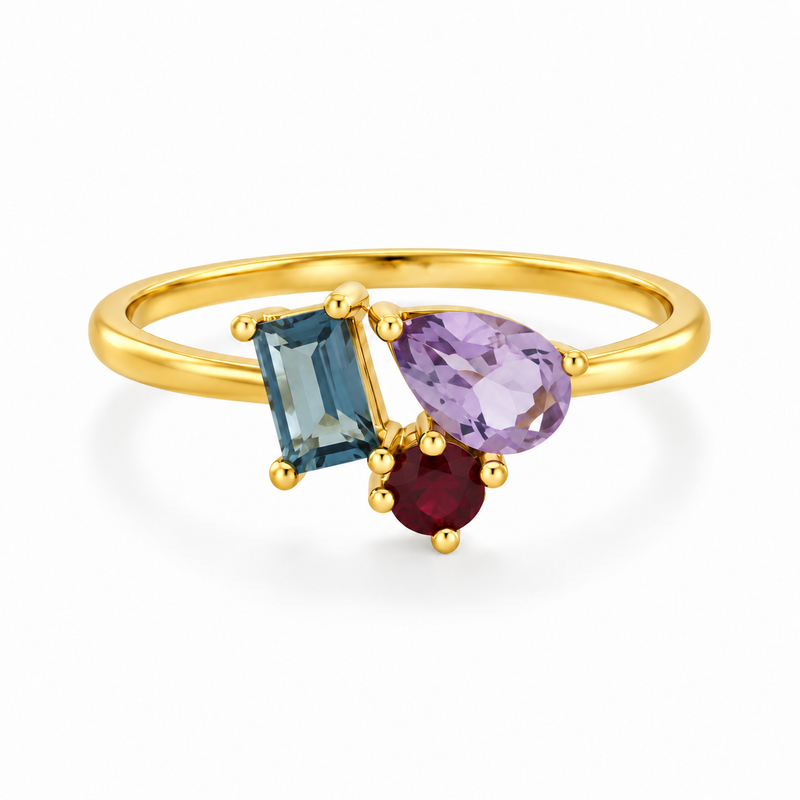 9ct Yellow Gold Blue Topaz, Amethyst & Ruby Cluster Ring
