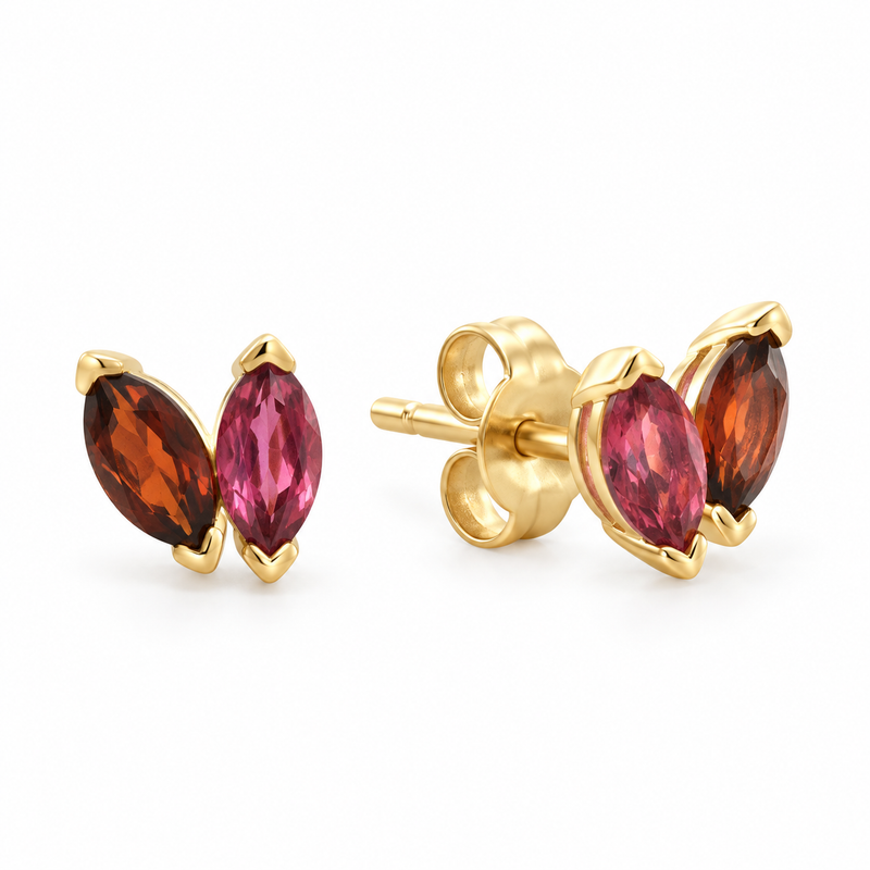 9ct Yellow Gold Garnet & Pink Tourmaline Stud Earrings